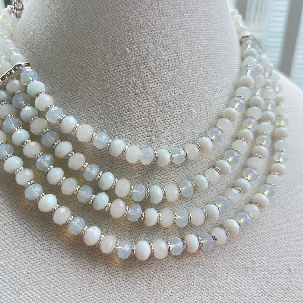 Signed Liz Claiborne 4-Strand Beaded Necklace, White & Faux Moonstone Glass